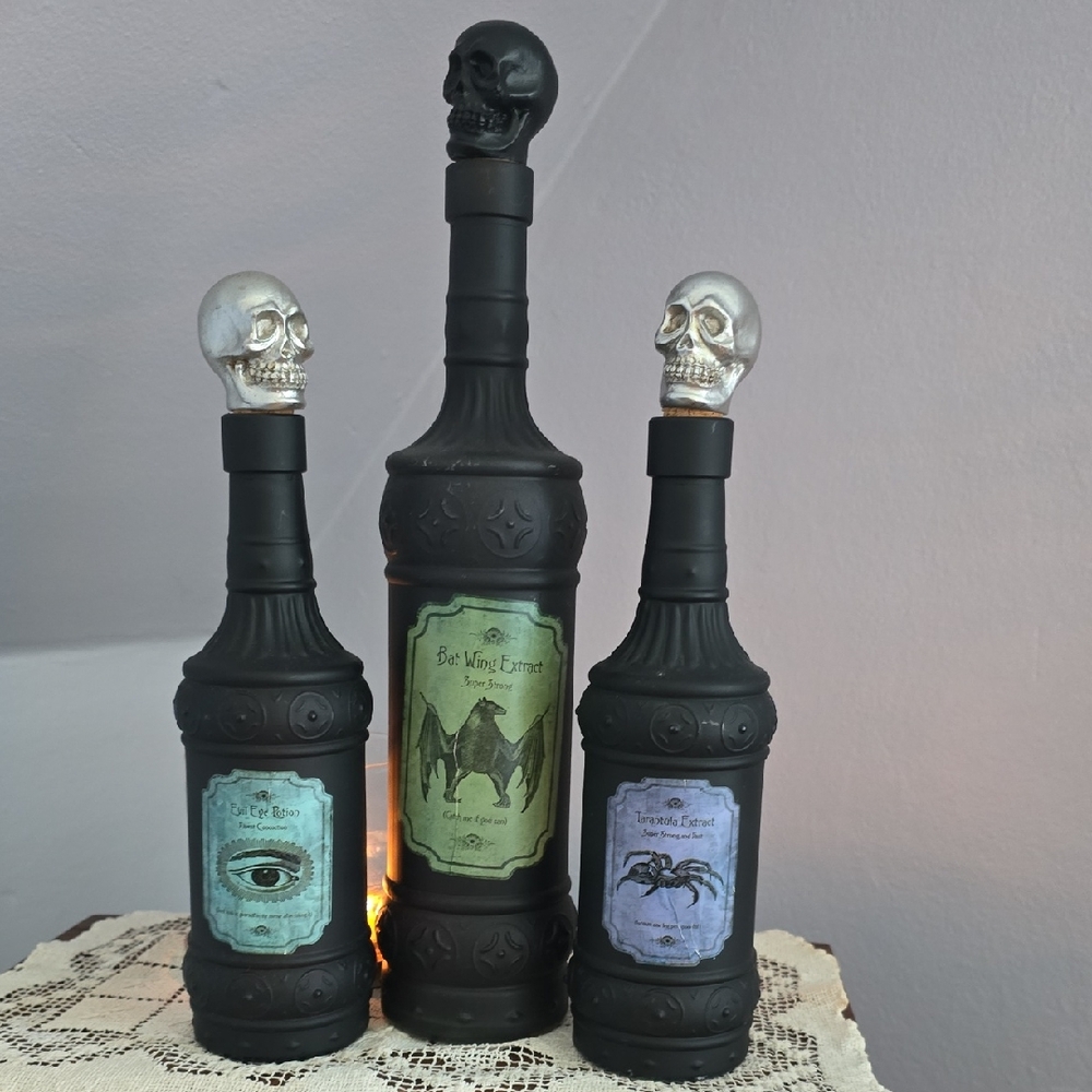 Three Black Glass Gothic Witch Tincture Potion Bottles With Skull Cork Stoppers